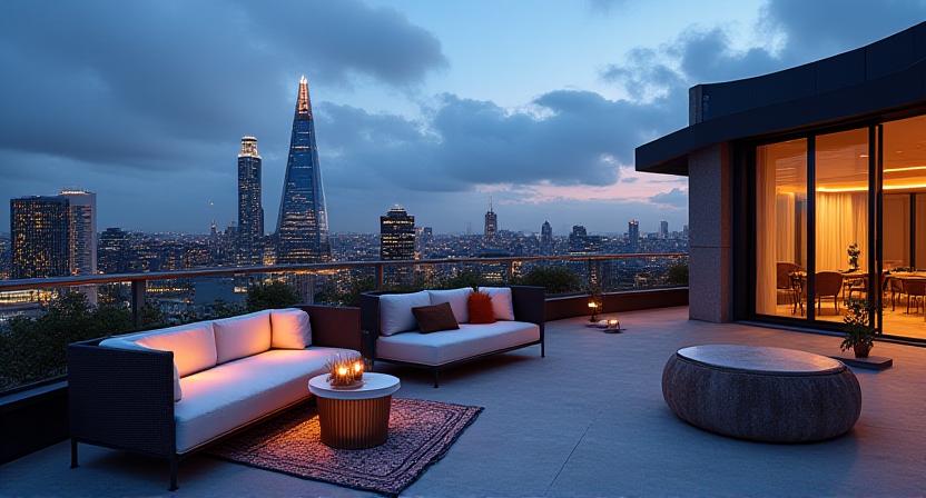 Modern rooftop terrace with city views