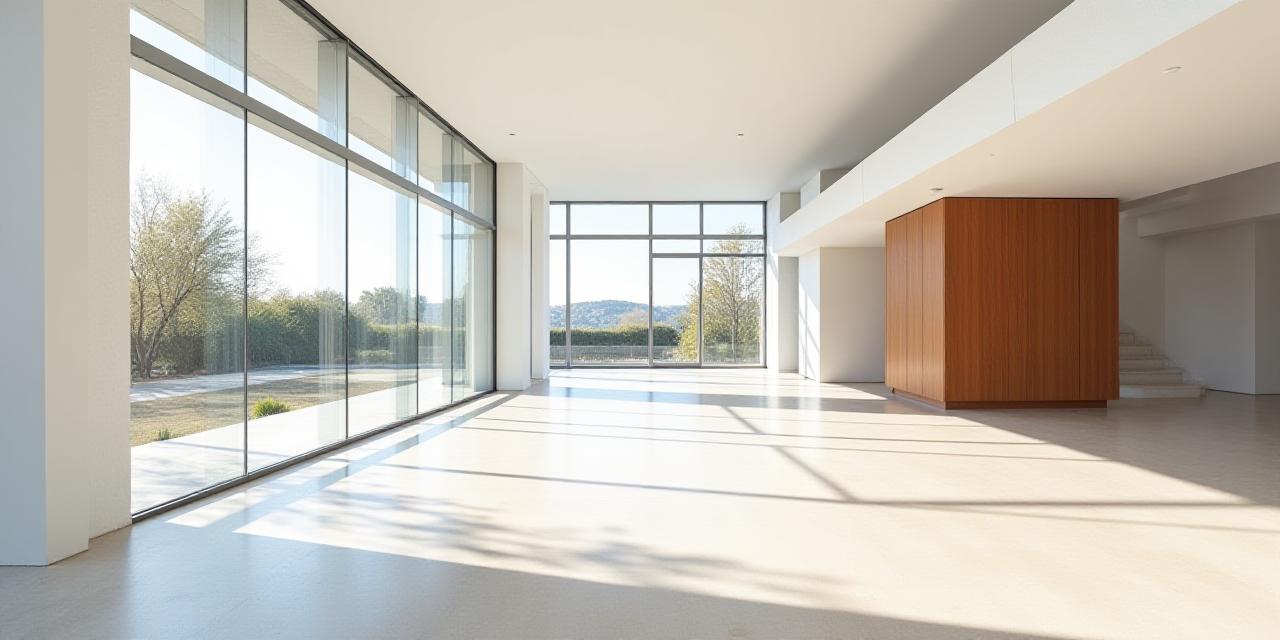 Modernist architectural interior with clean lines and large glass windows