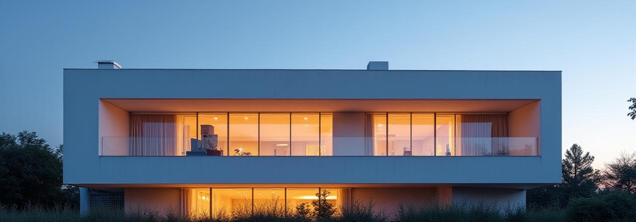 Modern minimal building exterior with floor to ceiling glass